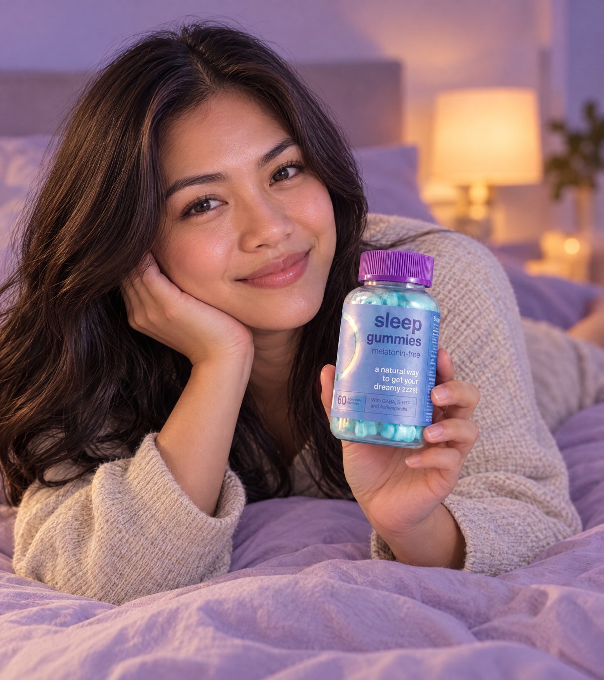 Woman relaxing in bed holding OMY Sleep Melatonin-Free Gummies